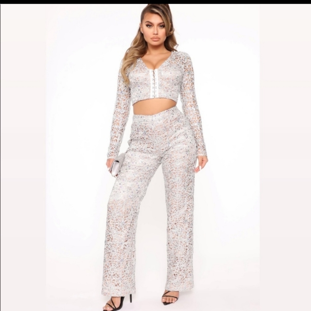 Fashion Nova jasmine silver gold set lace suit pants sequins, crop top M 6